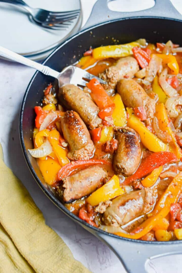 One Pot Sausage And Peppers in a black skillet