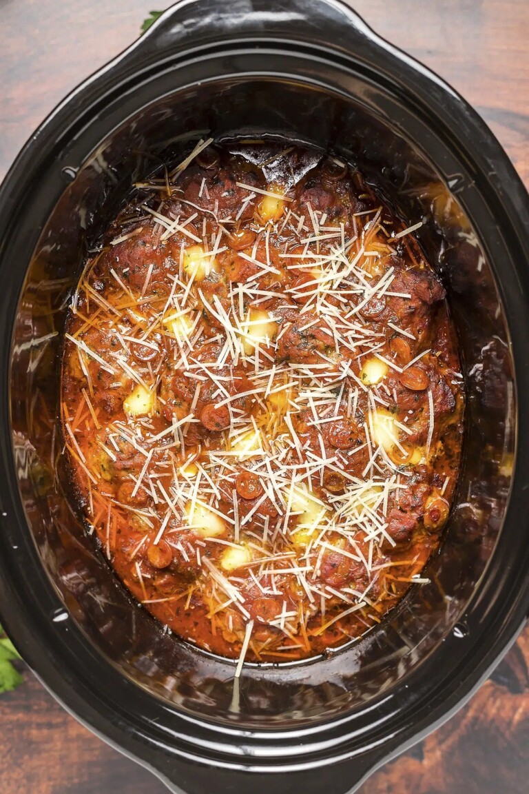 Pizza Meatballs in a slow cooker.