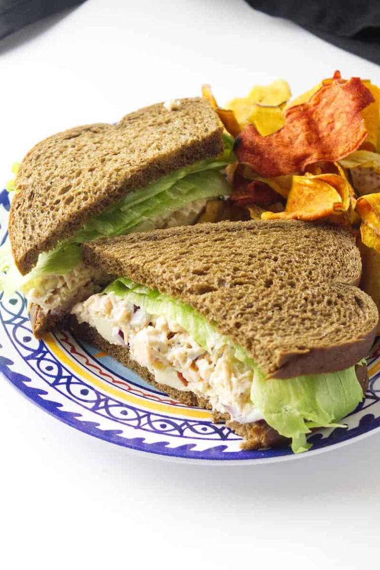chicken salad without celery made into a sandwich and cut in half