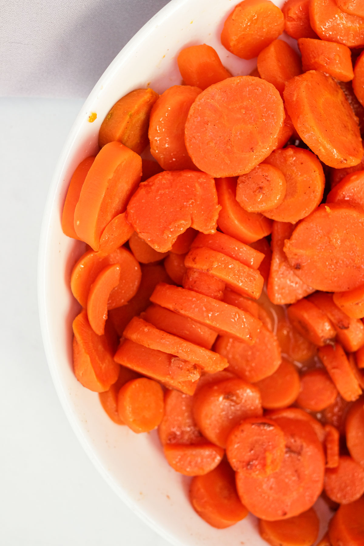 top down view of a bowl filled with the finished how to cook canned carrots recipe
