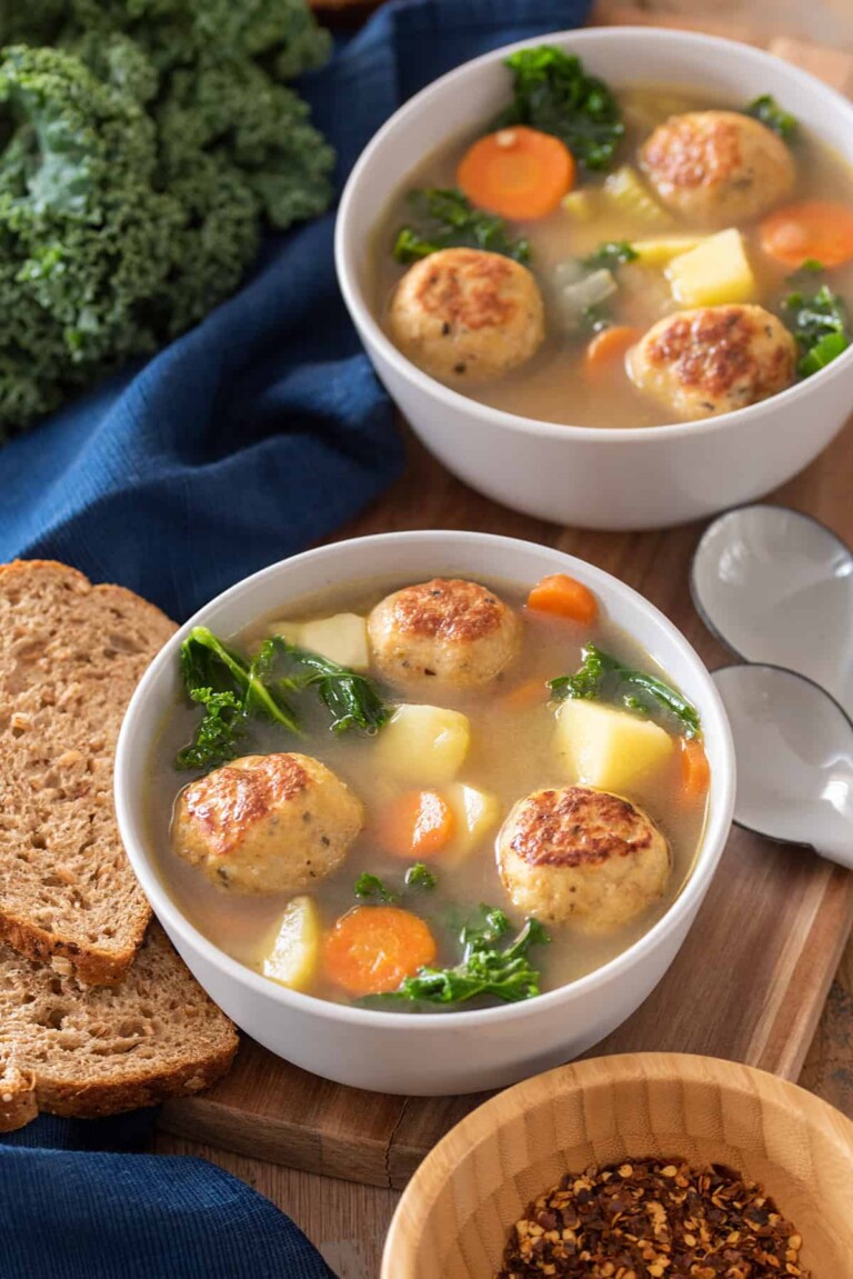 two bowls of chicken meatball soup