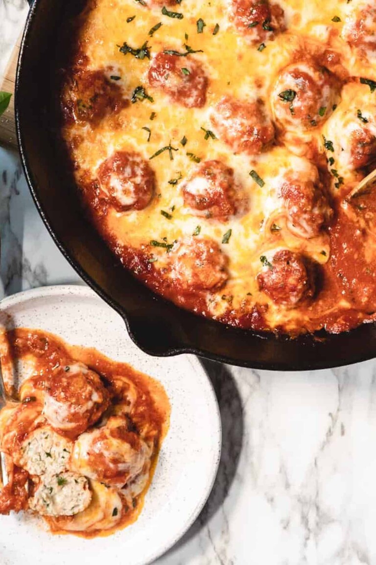 the completed chicken parmesan meatball skillet recipe