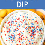 Overhead view of a bowl of funfetti dip