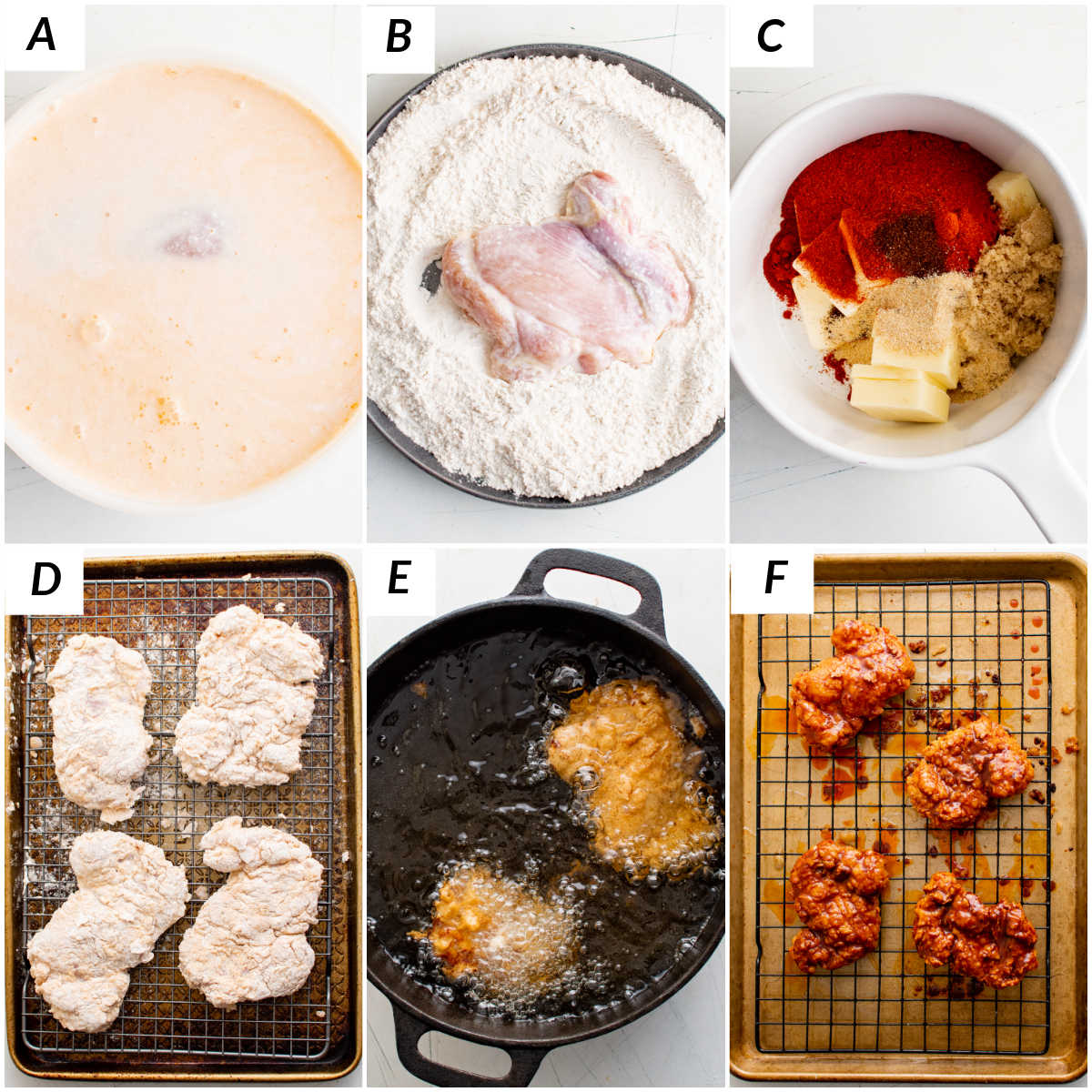 image collage showing some of the steps for making Nashville Hot Chicken