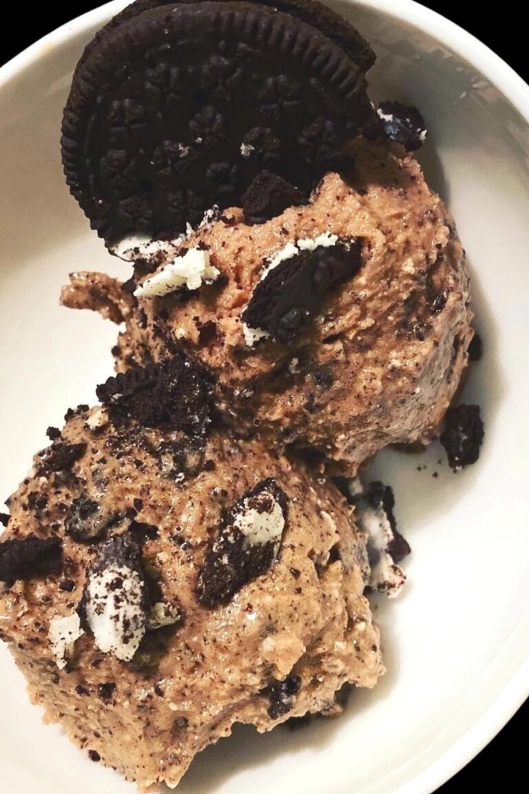 two scoops of Ninja Creami coffee oreo crumble ice cream in a bowl