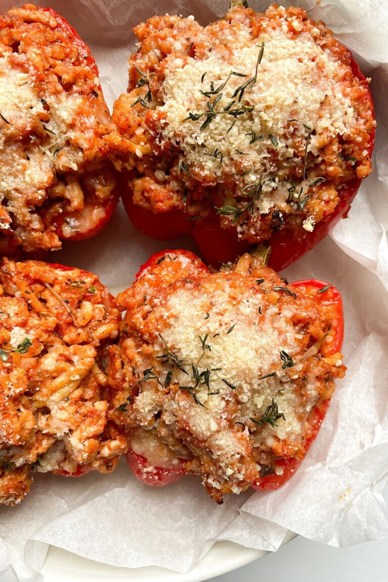 top down view of no rice stuffed peppers made with ground chicken