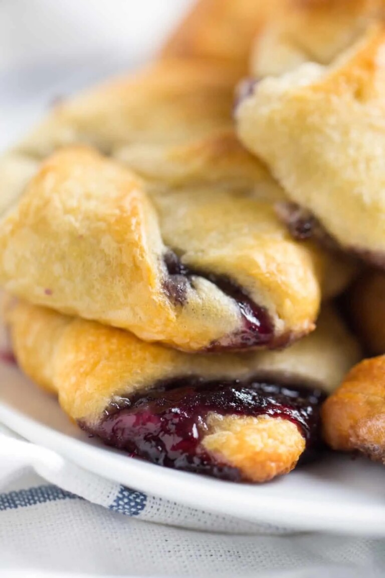 close up view of the peanut butter crescent rolls with jam