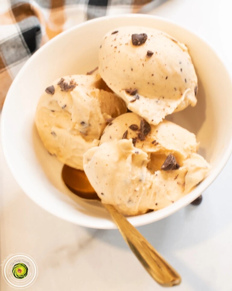 a bowl of Ninja Creami salted caramel butterscotch chip protein ice cream