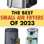 A collage of images of small air fryers