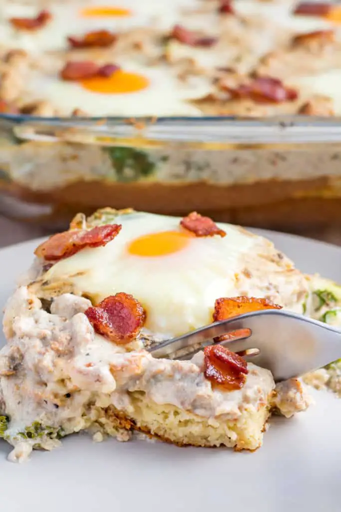 keto breakfast casserole with sausage biscuits and gravy