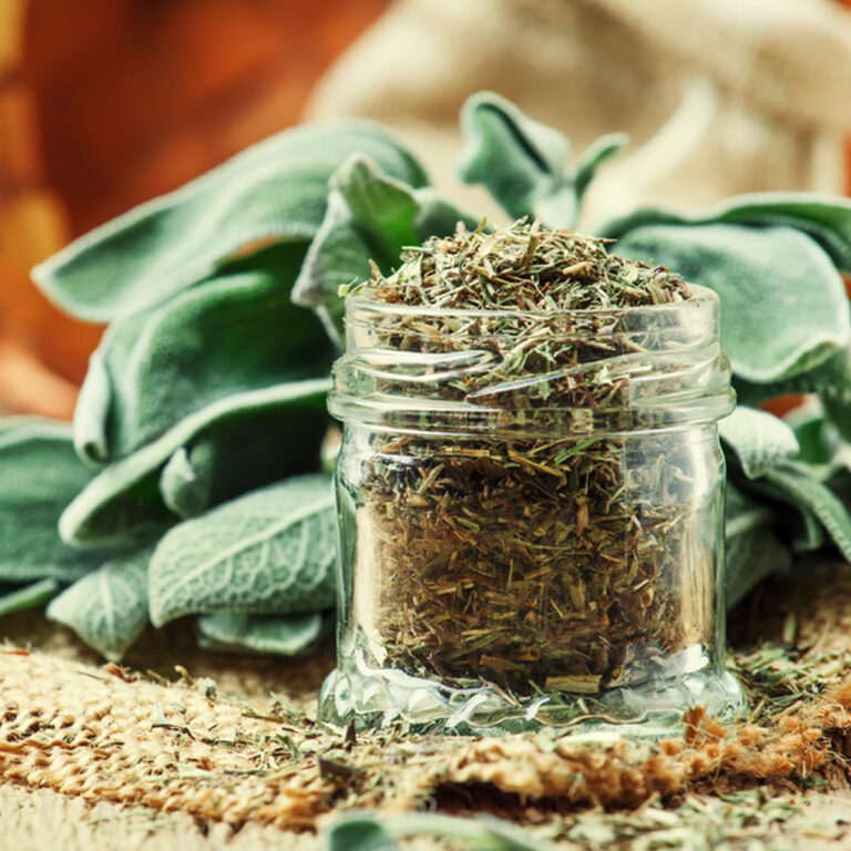 A small glass jar of dried sage on a burlap mat with fresh sage leaves behind it.