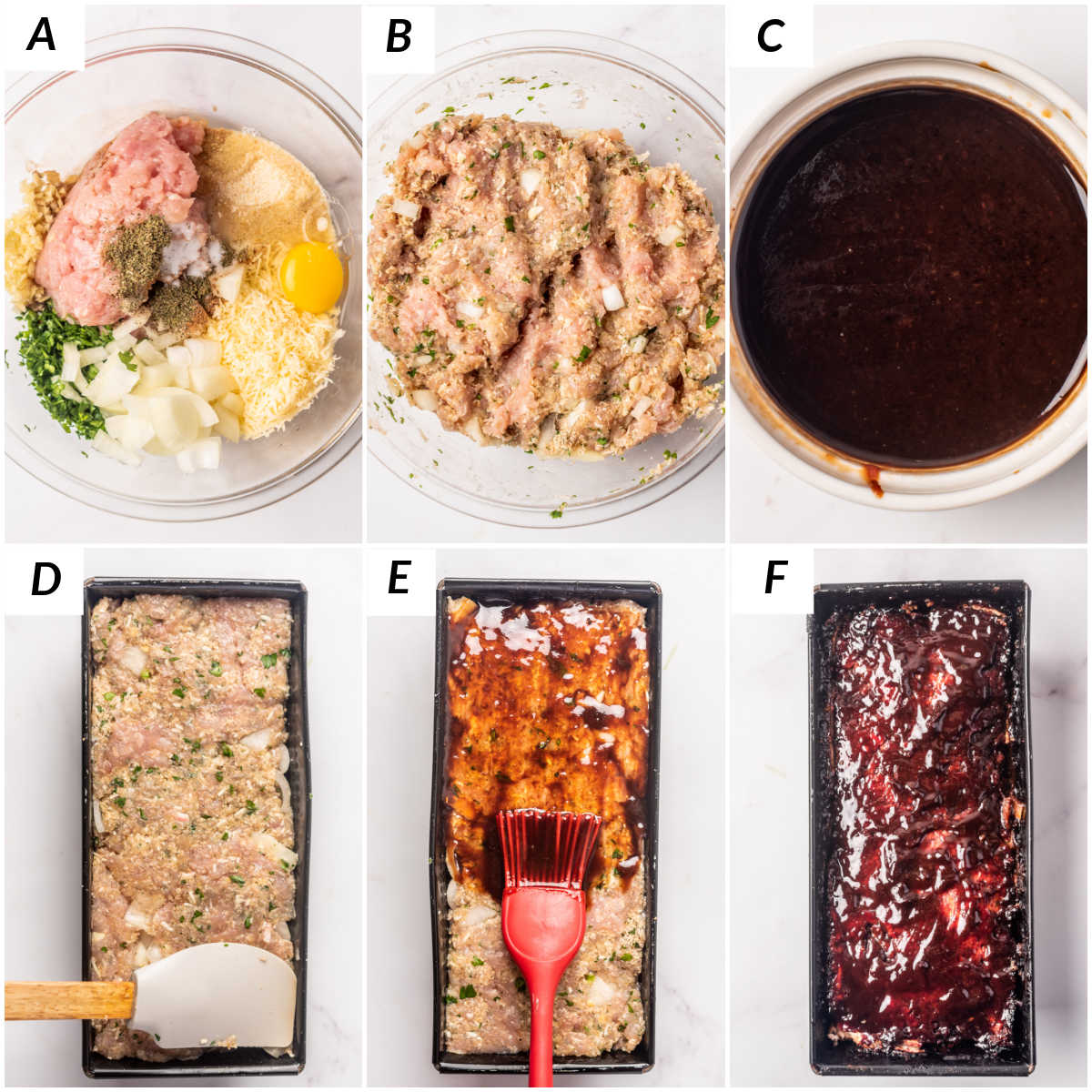 image collage showing the steps for making chicken meatloaf