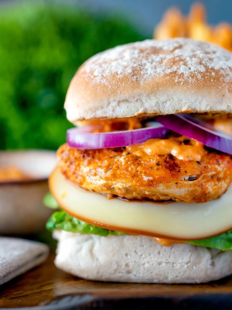 side view of one Peri Peri Chicken Burger