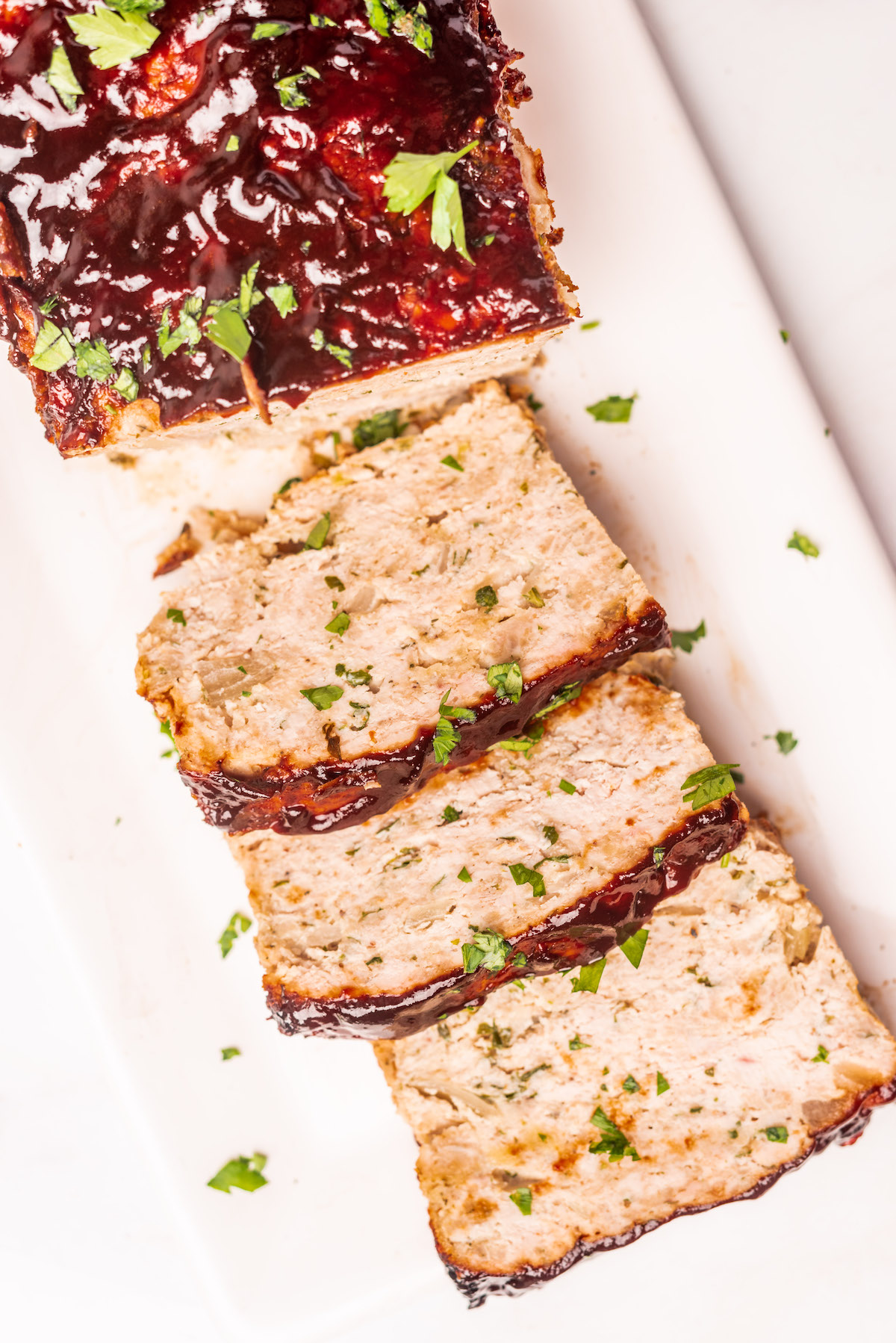 top down view of the sliced chicken meatloaf