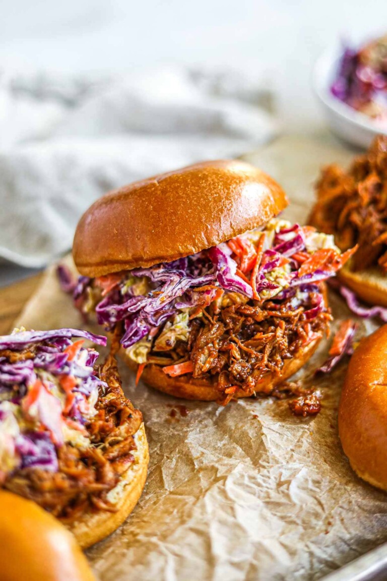 two of the slow cooker pulled chicken sandwiches