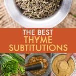 A collage of images of ingredients that can be used as substitutions for thyme.
