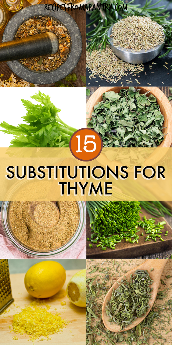 A collage of images of ingredients that can be used as substitutions for thyme.