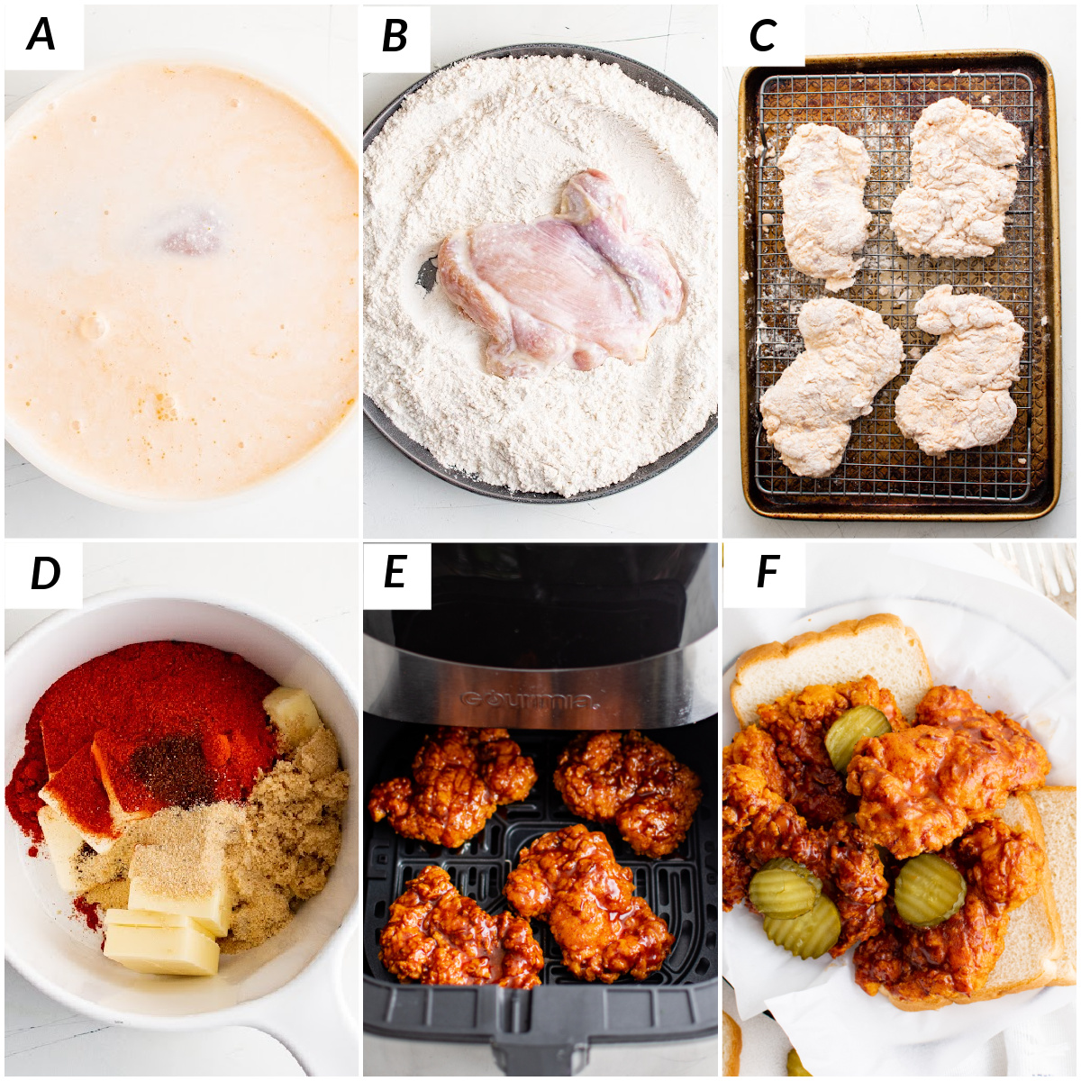 image collage showing the steps for making this nashville hot chicken air fryer recipe