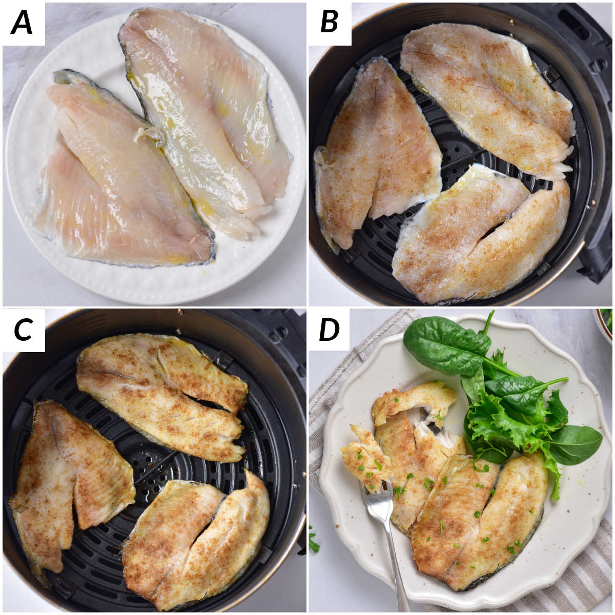 image collage showing the steps for making air fryer tilapia