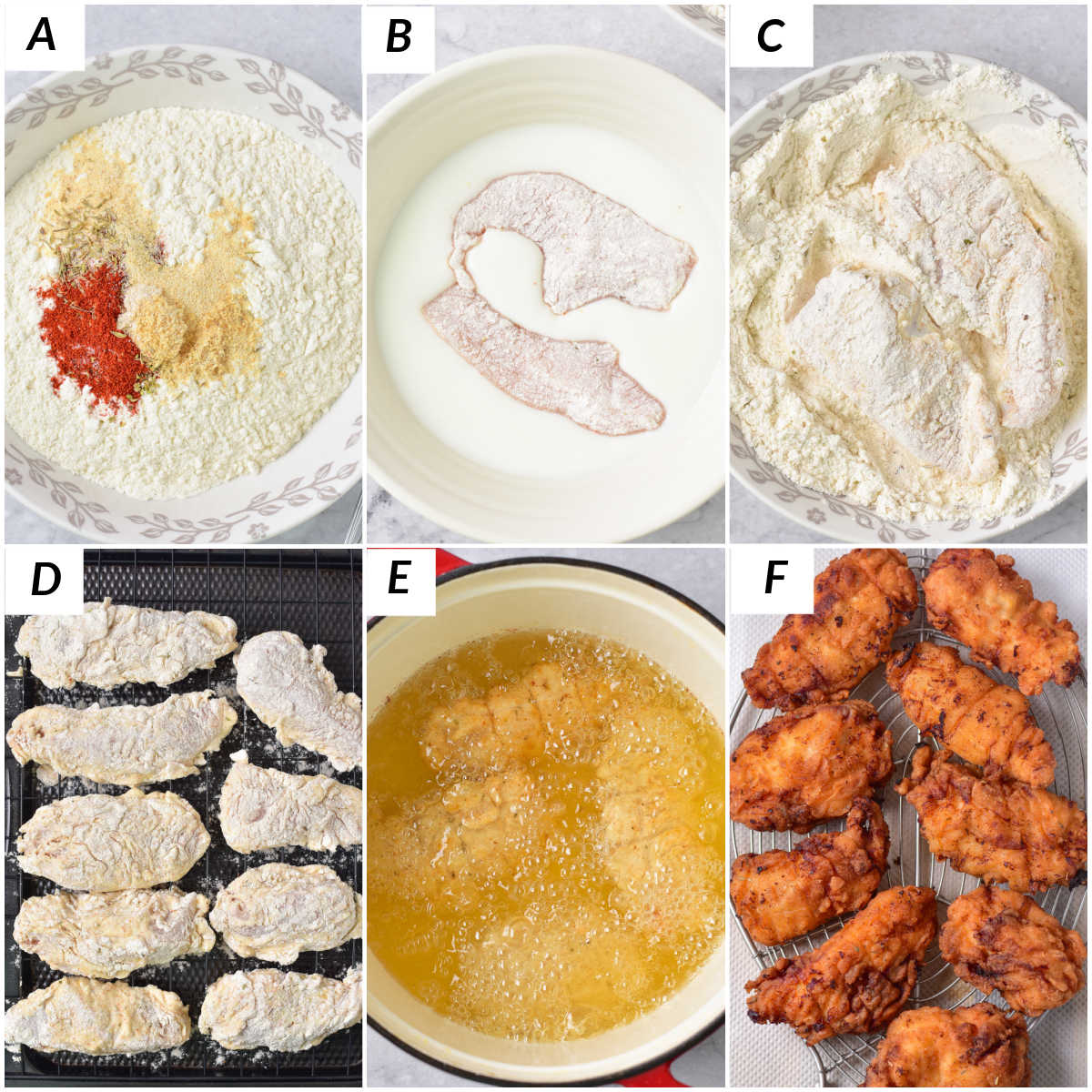 image collage showing the steps for making copycat cracker barrel fried chicken