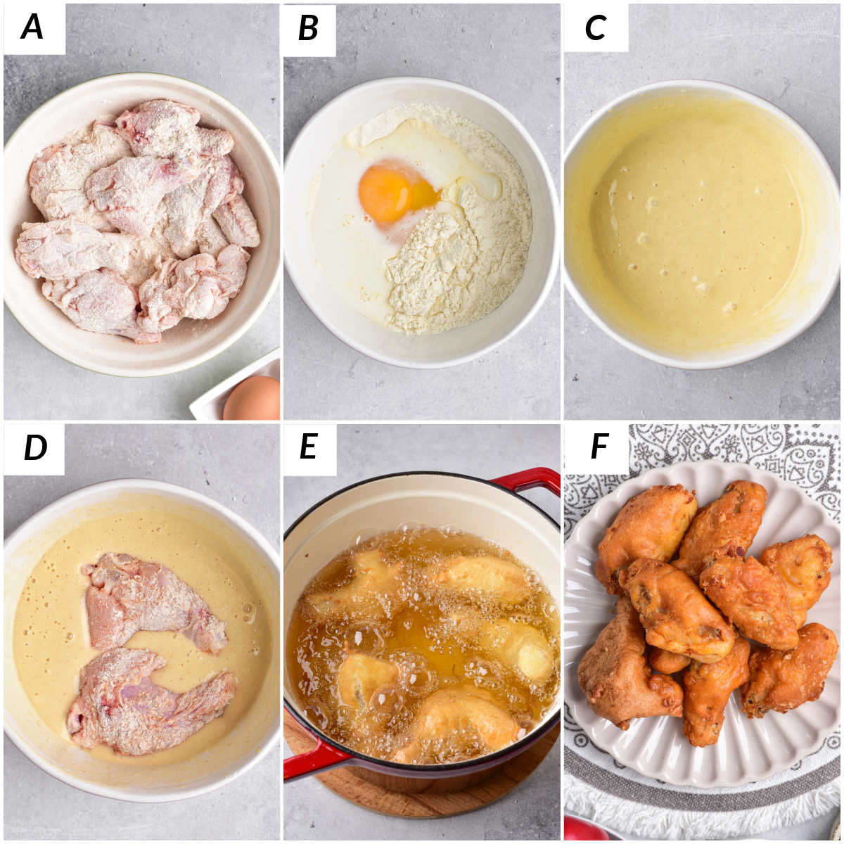 image collage showing the steps for making deep fried chicken wings