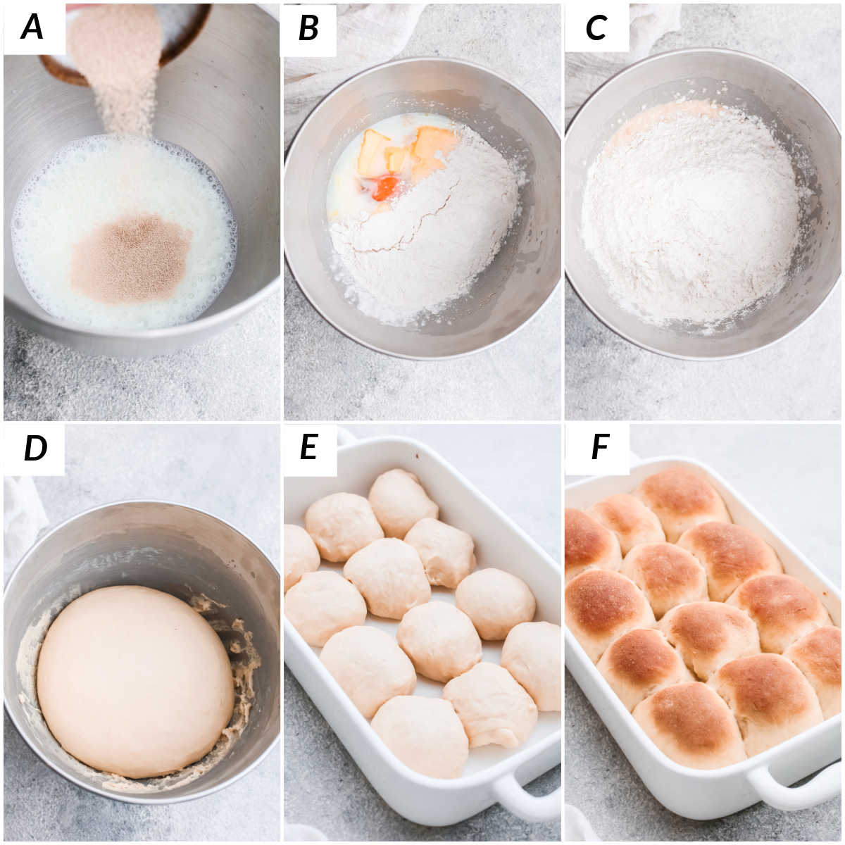 image collage showing the steps for making easy yeast rolls