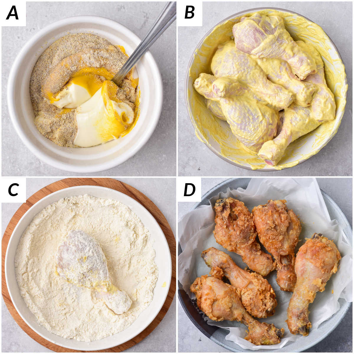 image collage showing the steps for making deep fried chicken legs