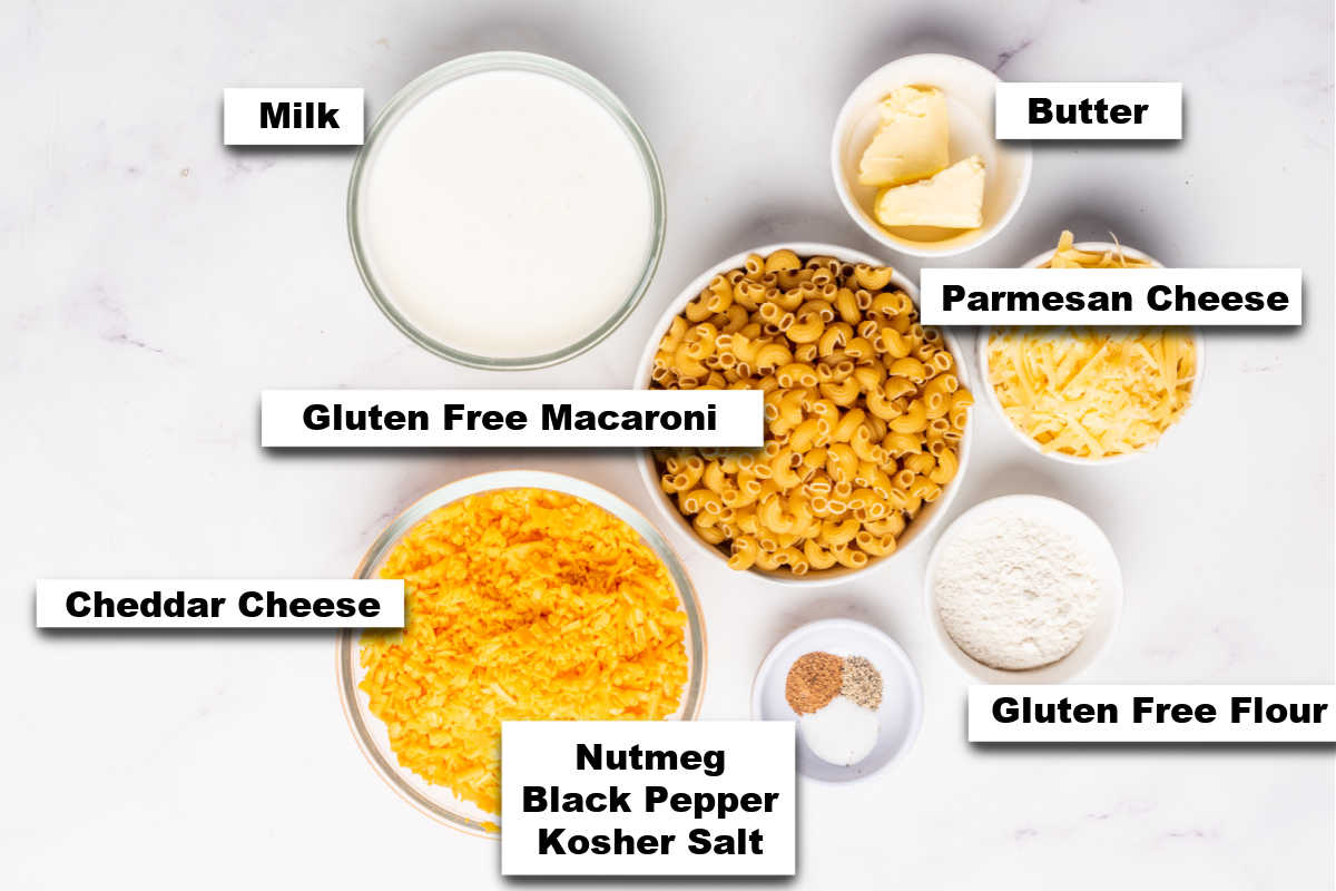 the ingredients for making gluten free mac and cheese