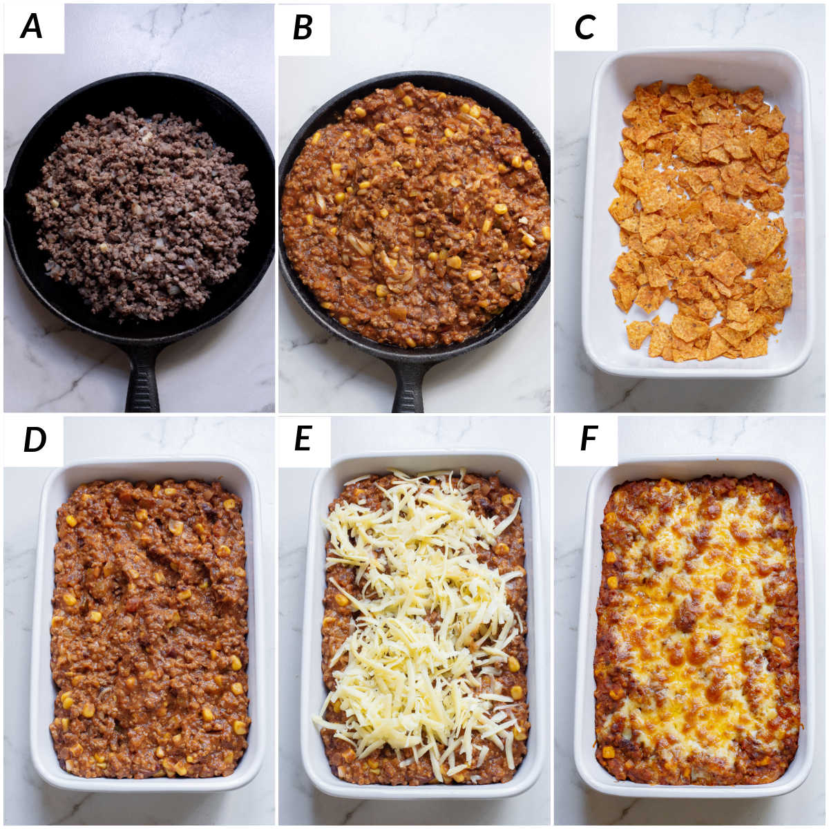 image collage showing the steps for making taco casserole