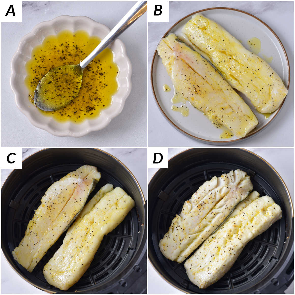 image collage showing the steps for making air fryer cod
