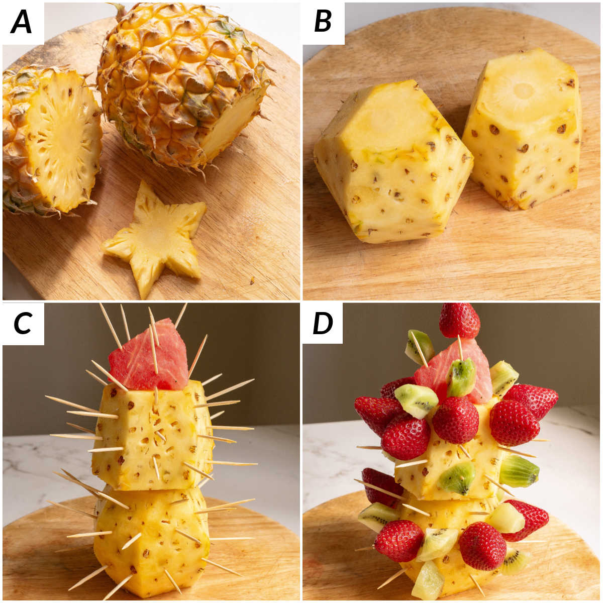 image collage showing the first steps for making a fruit christmas tree