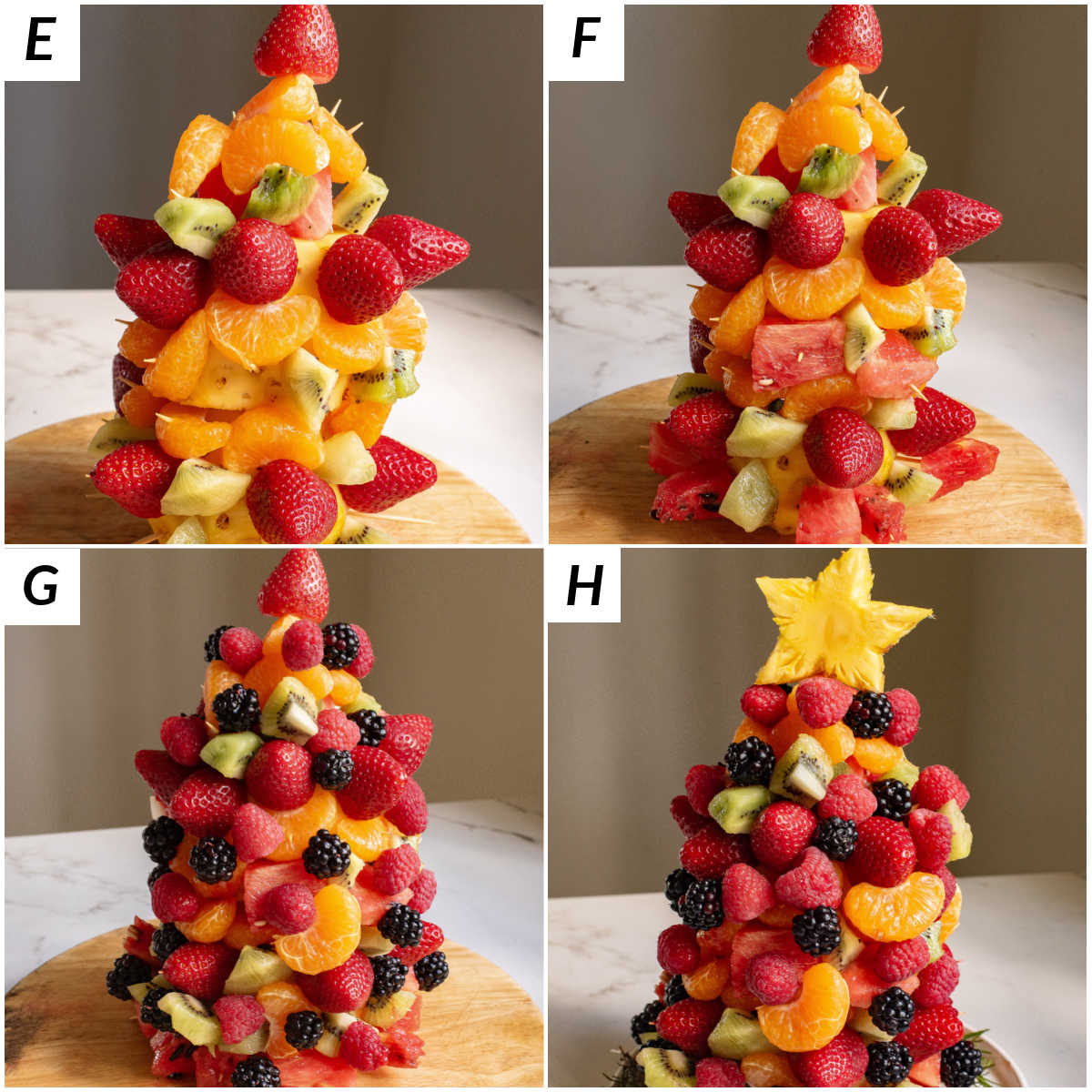 image collage showing the final steps for making a fruit christmas tree