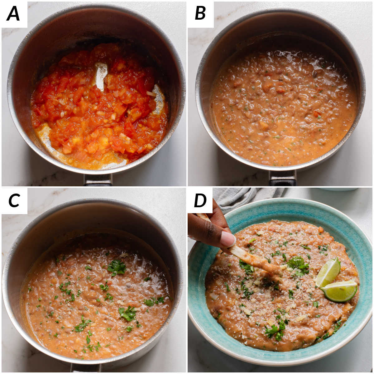 image collage showing the steps for how to make canned refried beans better