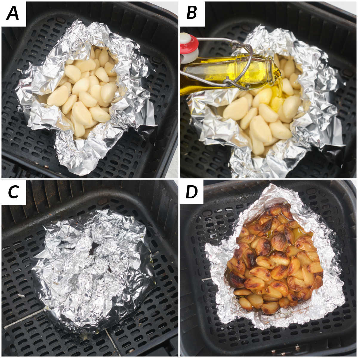 image collage showing the steps for making roasted garlic in air fryer with cloves of garlic