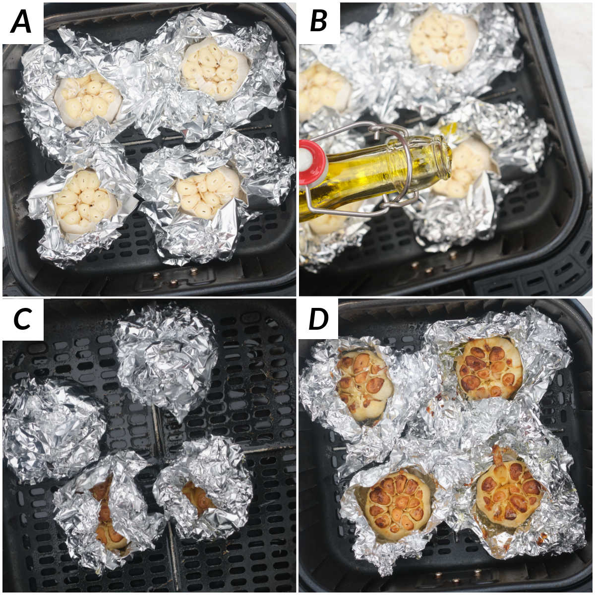 image collage showing the steps for making roasted garlic in air fryer with whole garlic