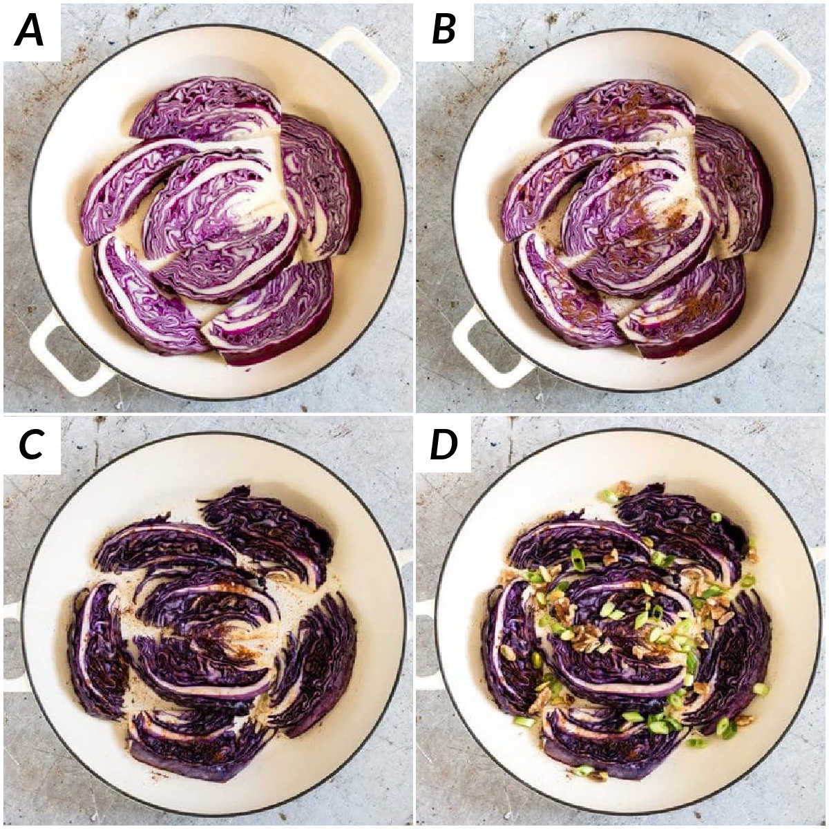 image collage showing the steps for making roasted red cabbage