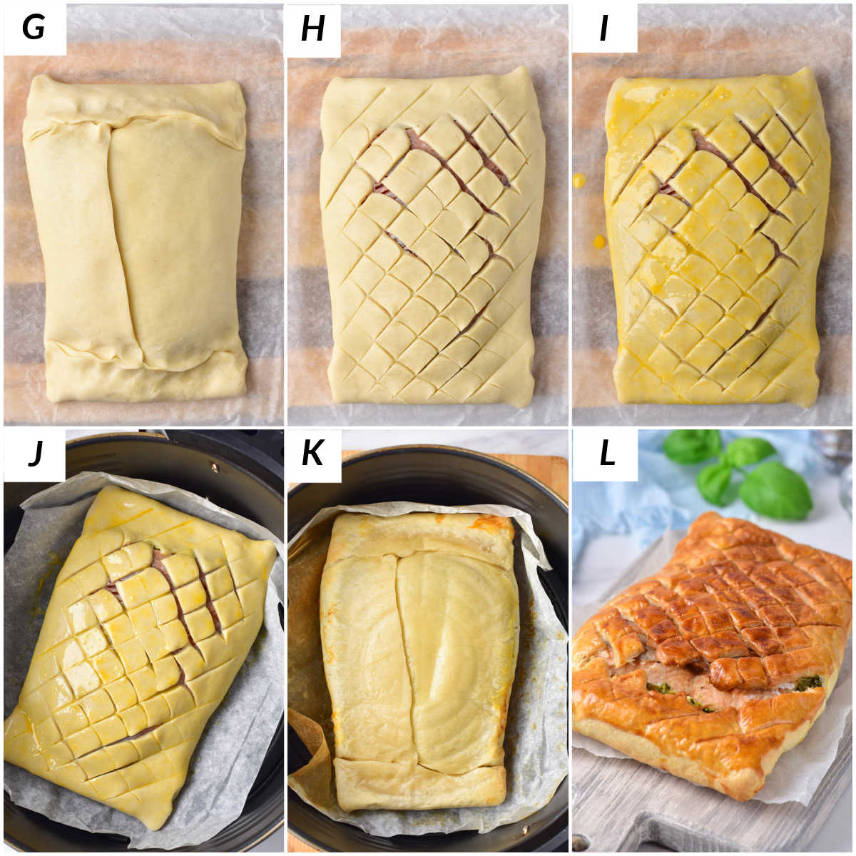 image collage showing the final steps for making salmon wellington