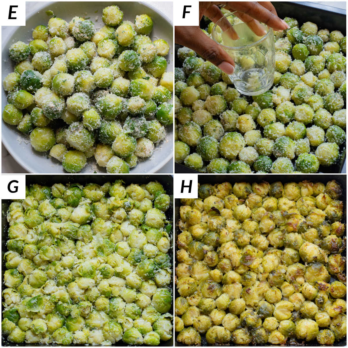 image collage showing the final steps for making smashed brussel sprouts