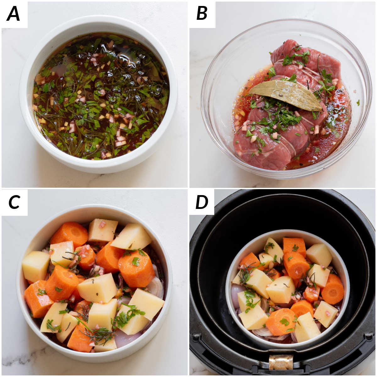 image collage showing the first steps for making air fryer pot roast