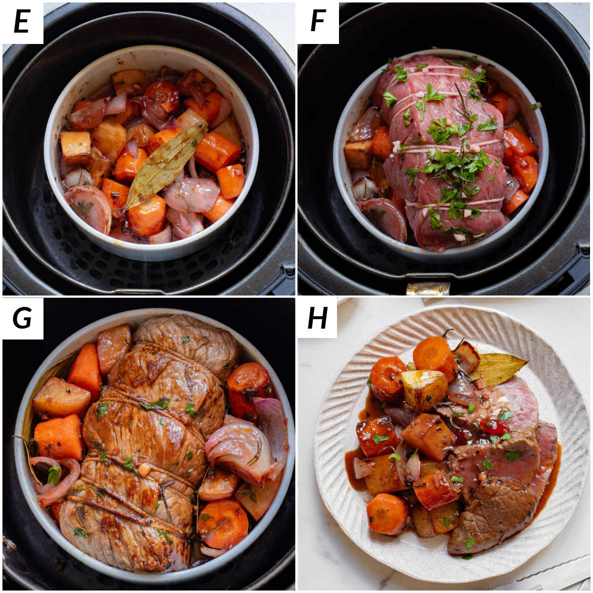 image collage showing the final steps for making air fryer pot roast