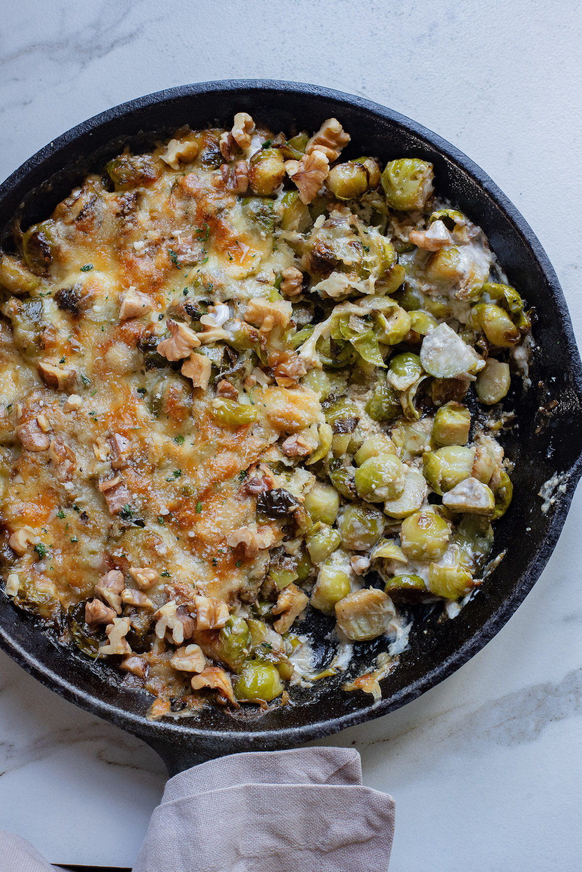 close up view of the finished brussel sprouts gratin recipe