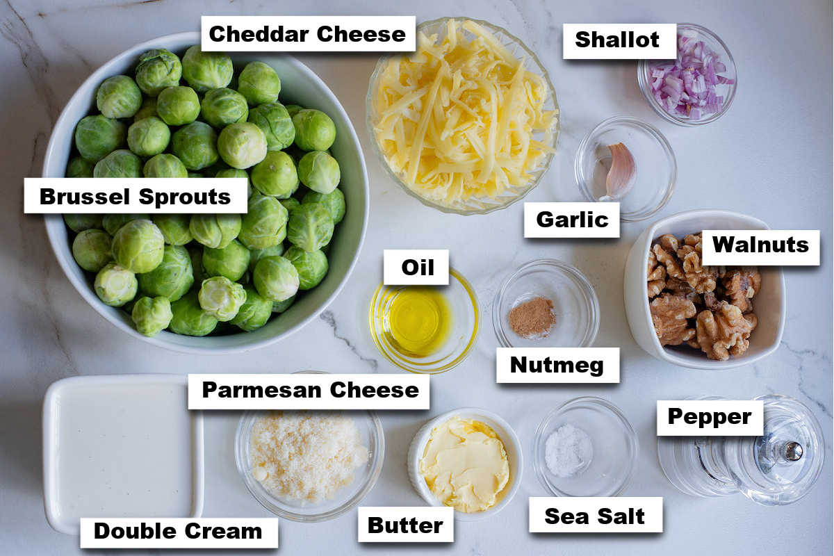 the ingredients needed to make brussel sprouts gratin