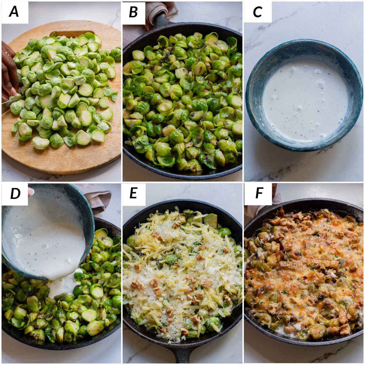 image collage showing the steps for making brussel sprouts gratin