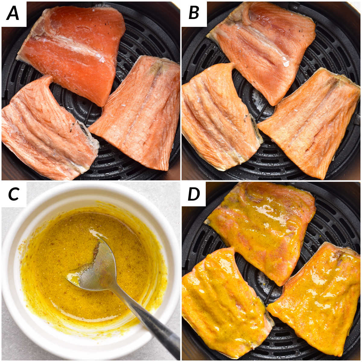 image collage showing the steps for making frozen salmon in air fryer