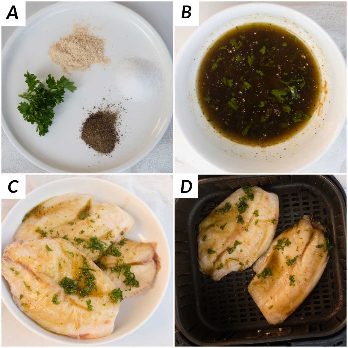 image collage showing the steps for making frozen tilapia air fryer
