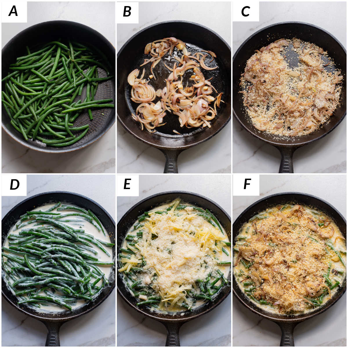 image collage showing the steps for making this green bean casserole recipe