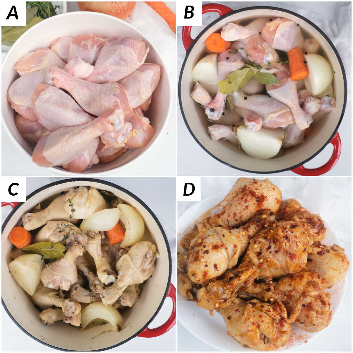 image collage showing the steps for how to boil chicken legs