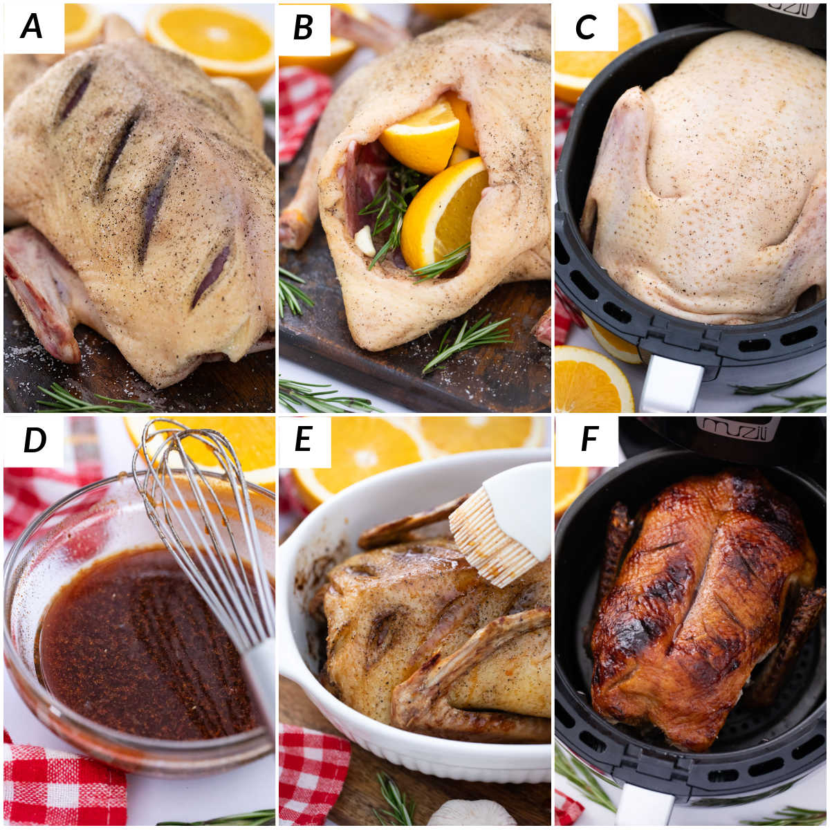 image collage showing the steps for making Air Fryer Duck