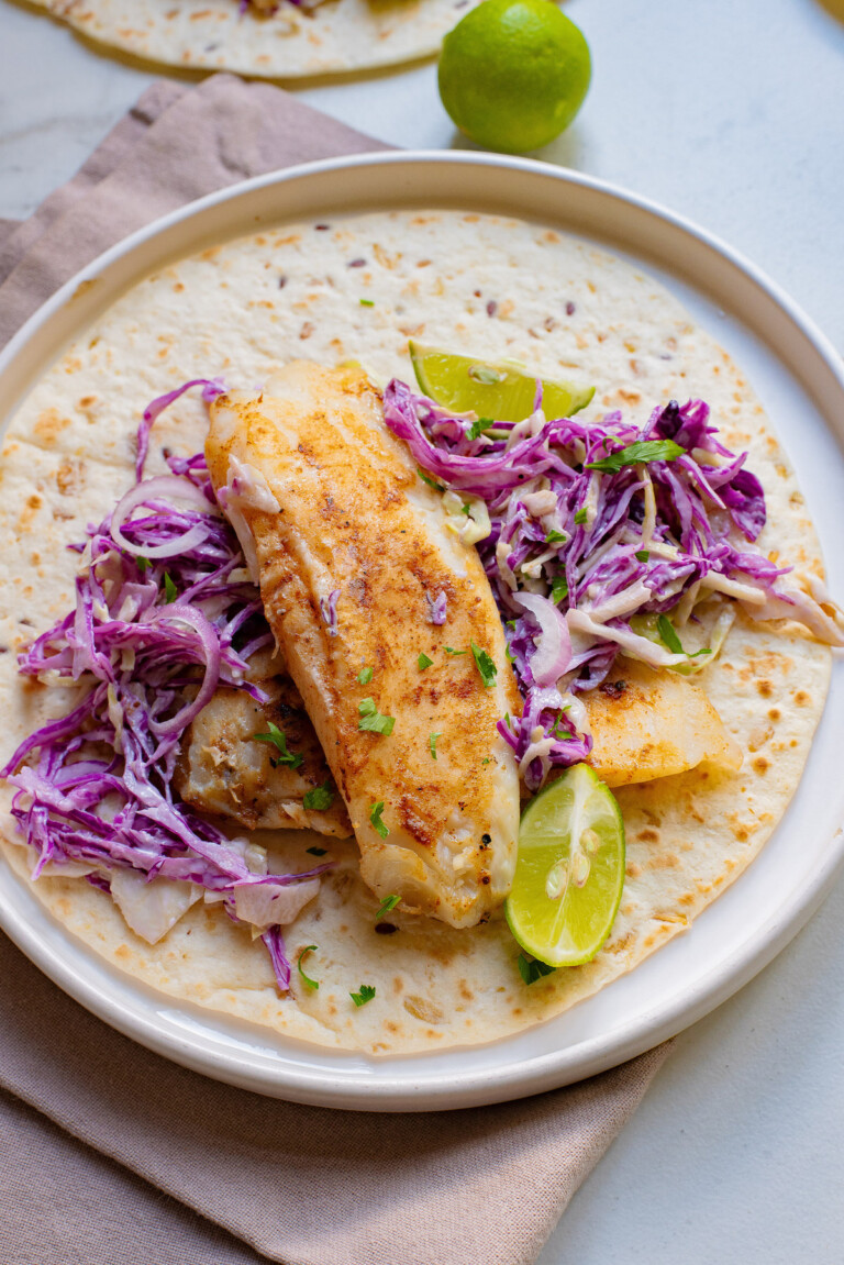 top down view of the completed air fryer fish tacos recipe