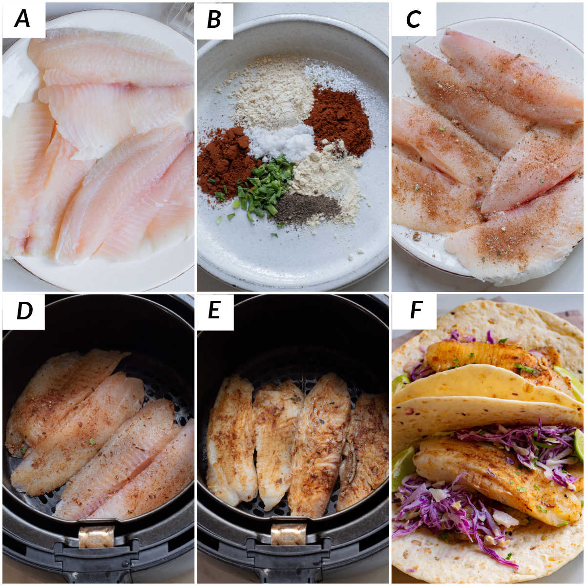 image collage showing the steps for making air fryer fish tacos
